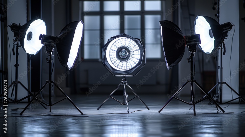 Softbox lights positioned for a fashion editorial photo session - obrazy, fototapety, plakaty 