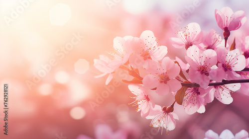 spring border or background art with beautiful pink blossom and blurred sunlight at the background