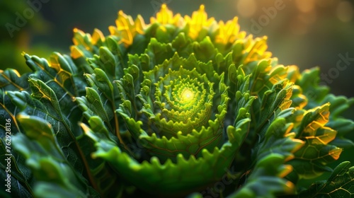 Verdant fern leaves radiating outward in a fractal-like spiral