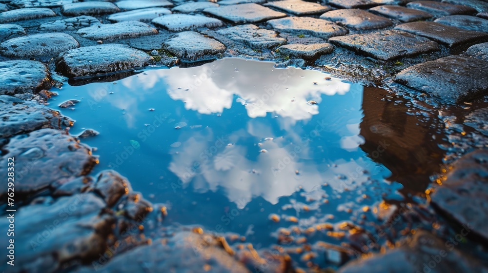Water puddle reflecting sky on cobblestone street near metallic drain