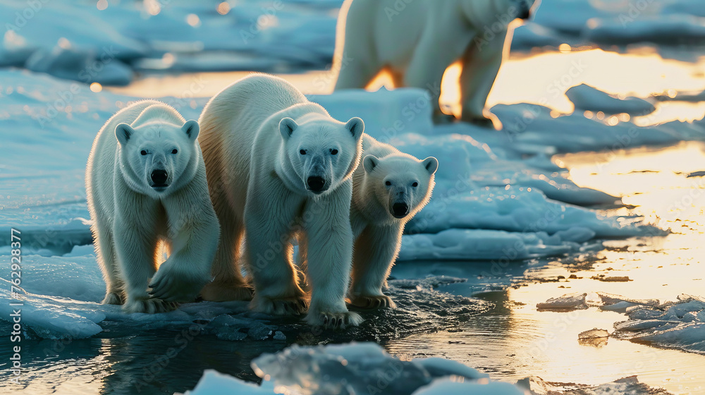 Polar Bear Family on Ice Floes During Golden Hour in Arctic Environment