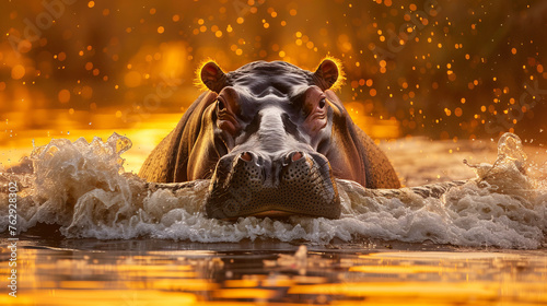 Imposing hippopotamus emerging from water with open mouth in a golden hour light