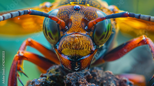 Close-up of a vibrant Japanese giant hornet resting on a rock with detailed view of its multifaceted eyes and wings photo