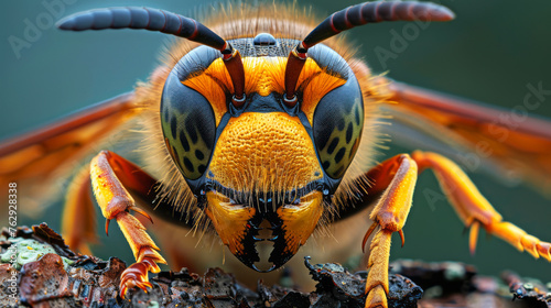 Close-up of a vibrant Japanese giant hornet resting on a rock with detailed view of its multifaceted eyes and wings photo