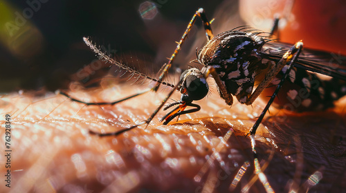 Macro Photography of Mosquito Feeding on Human Skin with Shallow Depth of Field © thanakrit