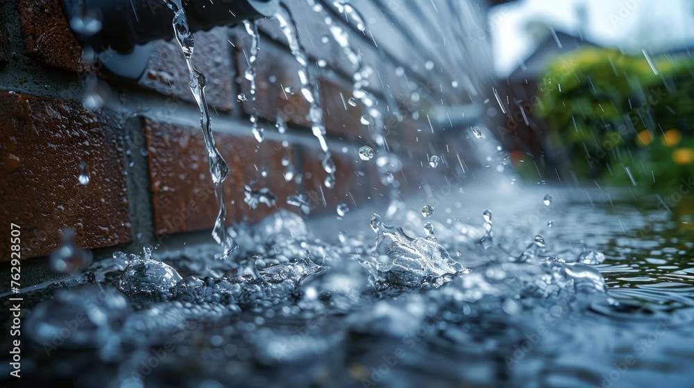 Rainwater gushes from a downpipe during a heavy rain, street side view - obrazy, fototapety, plakaty 