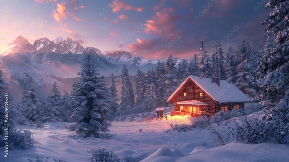 Cozy log cabin aglow as twilight descends on a snowy mountain forest