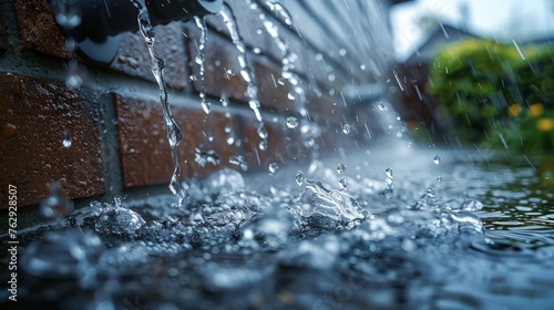 Rainwater gushes from a downpipe during a heavy rain, street side view