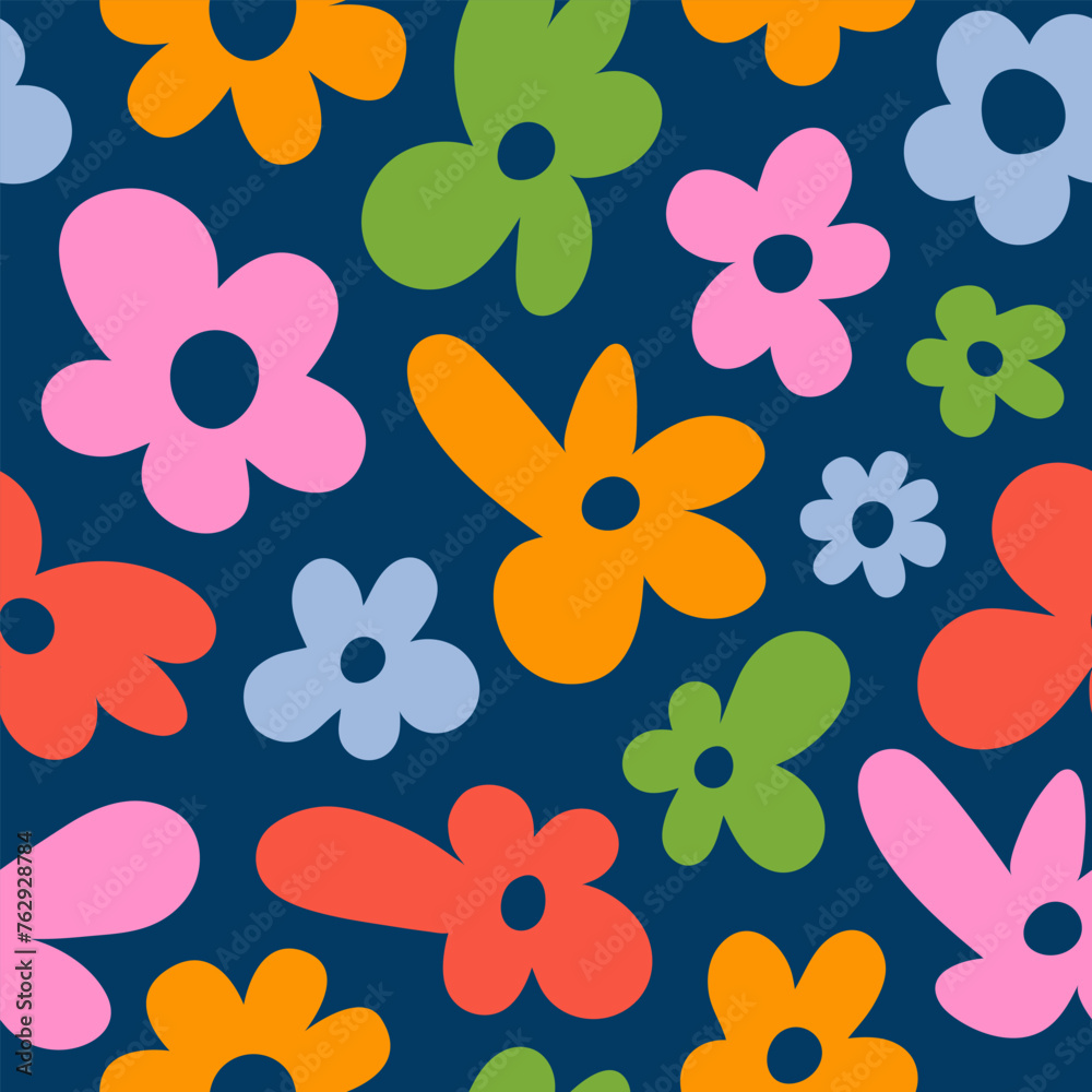 Abstract floral seamless pattern with cute groovy flowers on a dark blue background. Vector illustration Abstract floral seamless pattern with cute groovy flowers on a dark blue background. Vector illustration