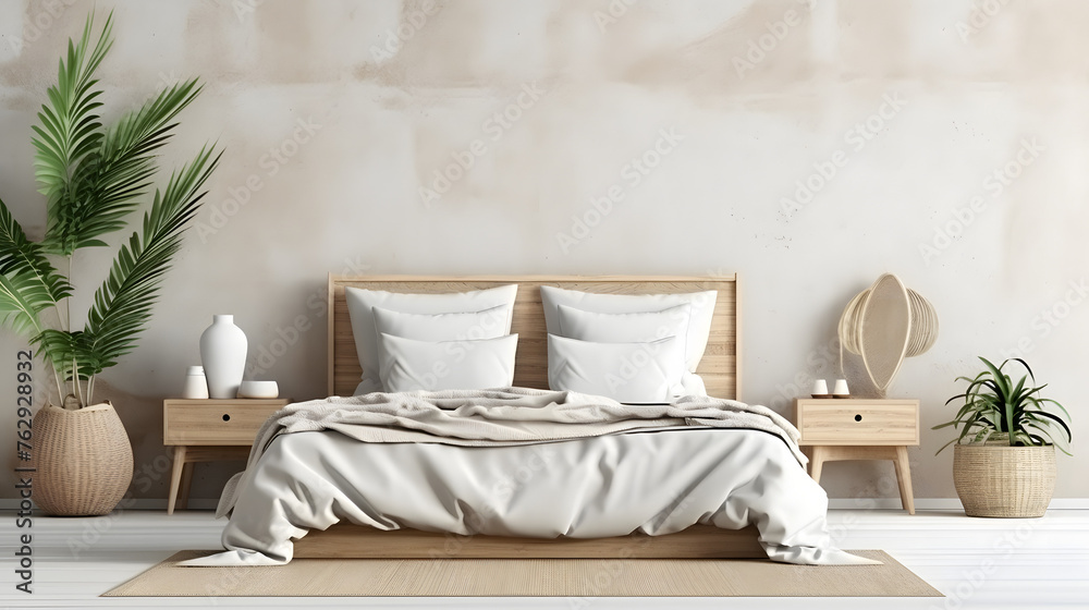 Home mockup, bedroom interior background with rattan furniture and blank wall, Coastal style