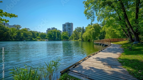 Serene waterside view from a pier overlooking a lush urban park