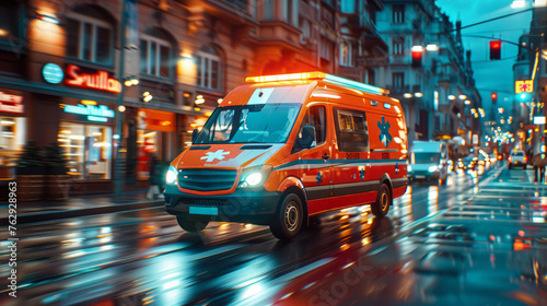 Blurred motion of an ambulance rushes through city streets on an emergency call
