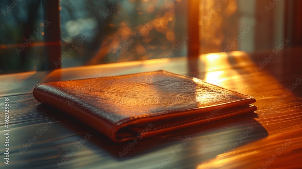 Sunlit setting enhances the stark emptiness of a leather wallet, a personal economic downturn - obrazy, fototapety, plakaty 