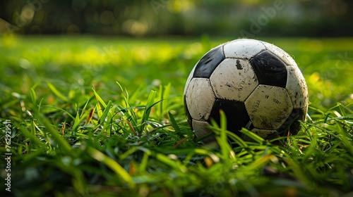 Classic black and white soccer ball resting on vivid green grass, ready for kickoff