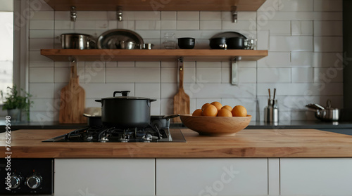 Kitchen background interior style scandinavian with glass jars and kitchen stove.generative.ai