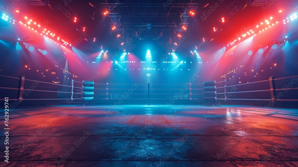 Anticipation fills the arena with an empty ring under the glow of bright stage lights Anticipation fills the arena with an empty ring under the glow of bright stage lights