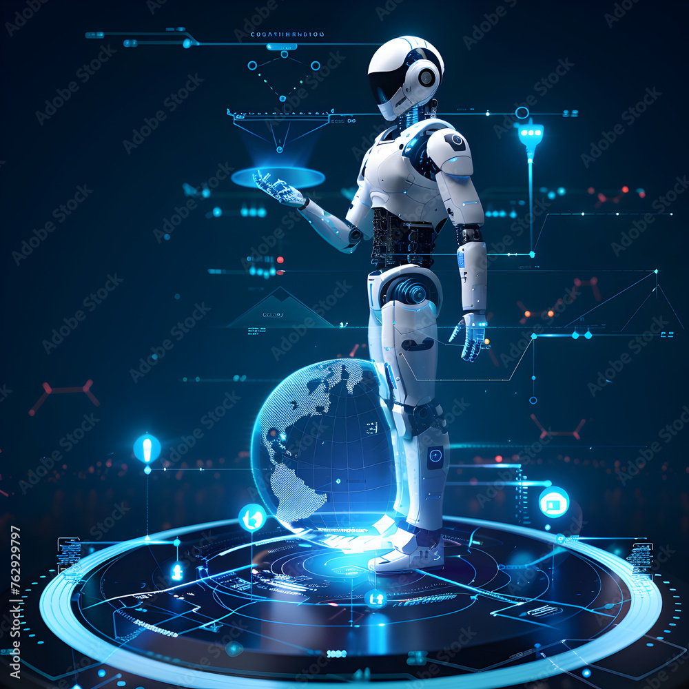 Naklejka premium An artificial intelligence standing on the globe and using mobile App.