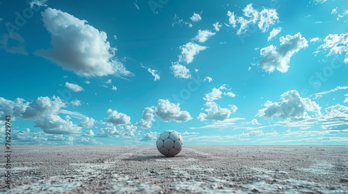 Low angle of a soccer ball on a field with blue sky in the background, game day scene