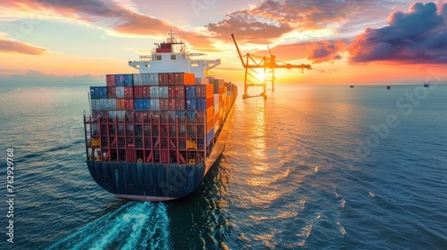 Container ship at sunset with vibrant sky and calm sea, logistics and transportation of goods by sea concept, import, export, freight, international trade, worldwide shipping, cargo vessel.