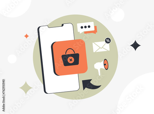 Abandoned Cart Recovery, Reducing Lost Sales ecommerce concept. Enhance checkout flow, include discounts, remove surprise fees, expedite shipping, ensure clear return policy. Flat vector illustration