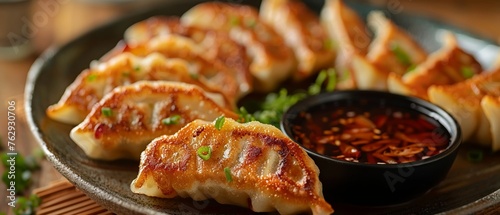 Plate of gyoza with dipping sauce soft background photo
