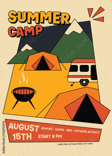Summer camping poster template design with camping element flat design style
