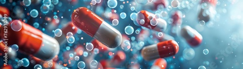 Red and white capsules floating among bubbles, evoking themes of pharmaceuticals, medicine, and healthcare technology.