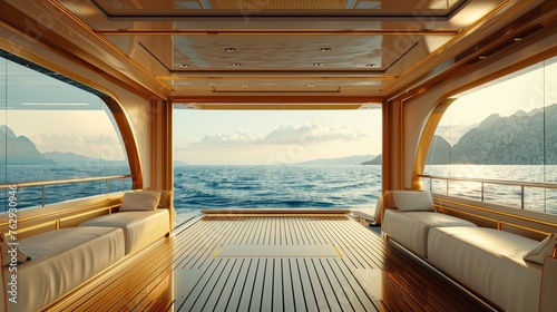 Luxury yacht interior with sophisticated decor, highlighting a blank frame on a wooden panel, mirroring the sea's vastness © saichon