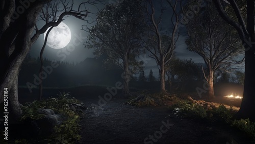dark environment. With some trees that are lit up by the moonlight. © buddhika