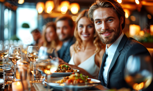 Restaurant. Group of happy young people in formalwear having dinner together while sitting at the table.