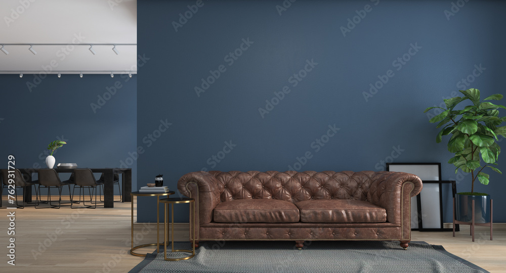 Dark blue wall with brown luxury leather sofa, interior design of modern apartment, home office ...