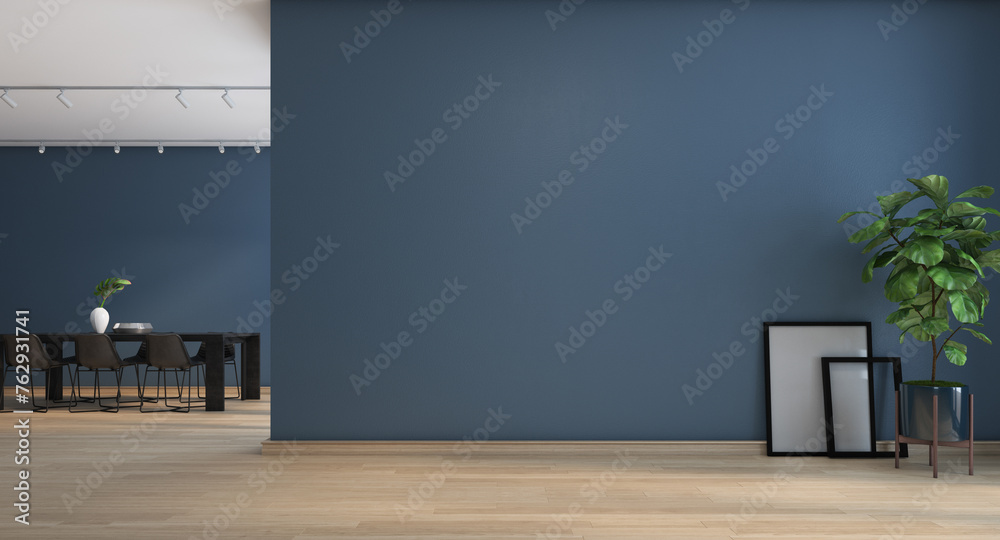 Empty room with Blue wall decor, interior design of modern apartment, home office decoration,  a trend colour year 2023, frame mockup and vase, 3D rendering - obrazy, fototapety, plakaty 