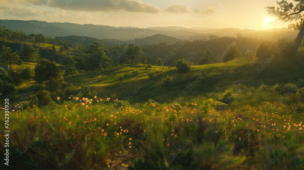 Sunset Serenity in the Hills, warm, glow, rolling, greenery, wildflowers, peace, natural, splendor, landscape, countryside, golden, hour, tranquil, beauty, scenic, pastoral, lush, vegetation, trees