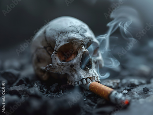 Close-up of a skull with a burning cigarette, symbolizing the fatal impact of smoking. 