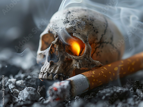 Close-up of a skull with a burning cigarette, symbolizing the fatal impact of smoking.  photo