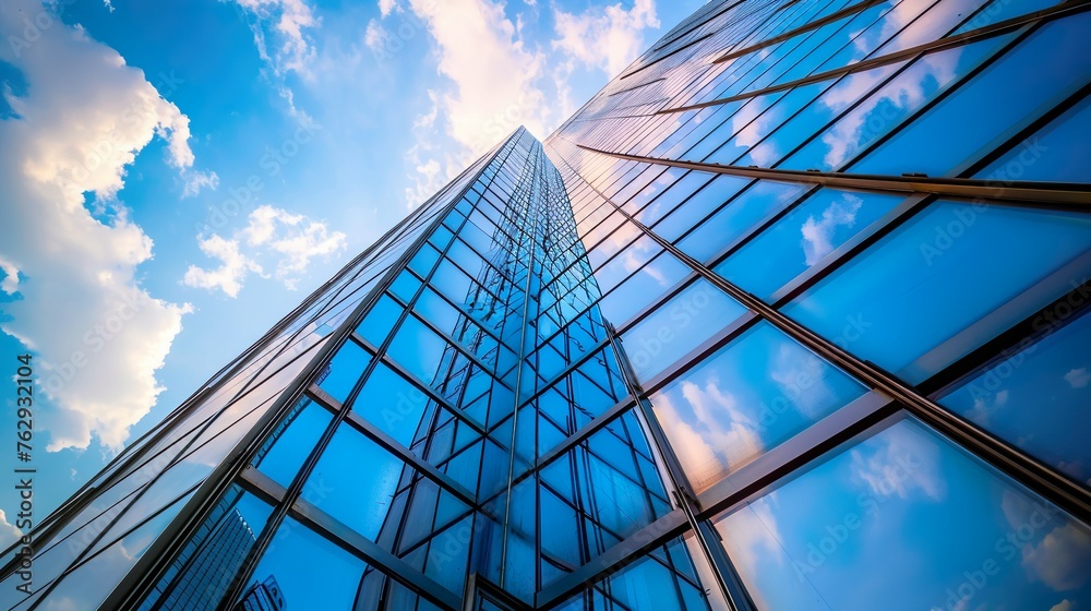 A skyscraper's glass facade reflecting the cityscape below