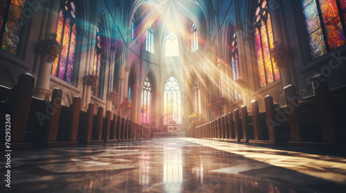 Interior view of Cathedral church, decorated walls and floors with the traditional colorful stained glass windows mosaic, rays of bright sun light passing through the windows.