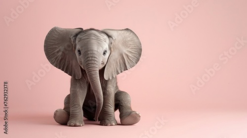 Photo portrait of a sitting funny little elephant with big ears on a soft pink background, a place for text