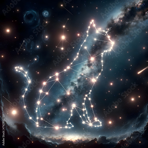 the artwork depicting the 'Cosmic Conundrum of the Cat Constellation' in a starry night sky, showcases a constellation in the shape of a cat