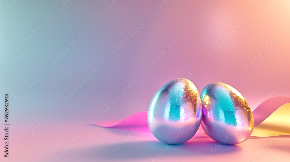 Holographic metallic painted Easter eggs on gradient background