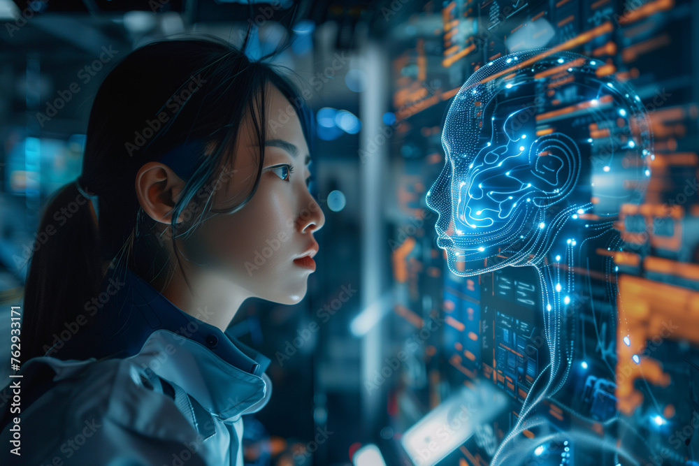 Title: Emerging Intelligence: Young woman observing a futuristic AI brain interface
Title: Emerging Intelligence: Young woman observing a futuristic AI brain interface