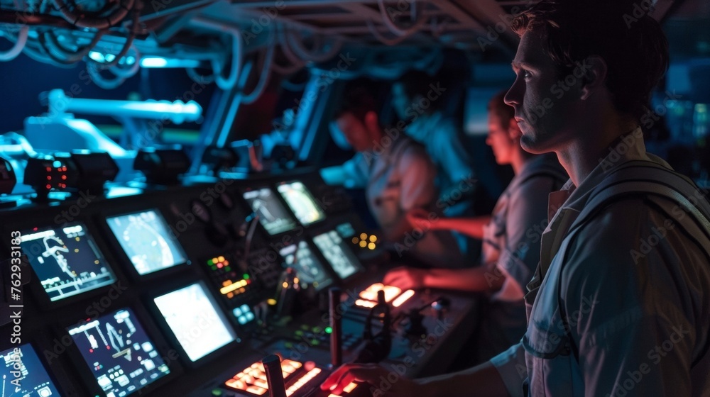 The control panel is a hub of activity as the captain and crew work together to set sail their focused expressions illuminated by the soft glow of the panels screens. The control panel is a hub of activity as the captain and crew work together to set sail their focused expressions illuminated by the soft glow of the panels screens.
