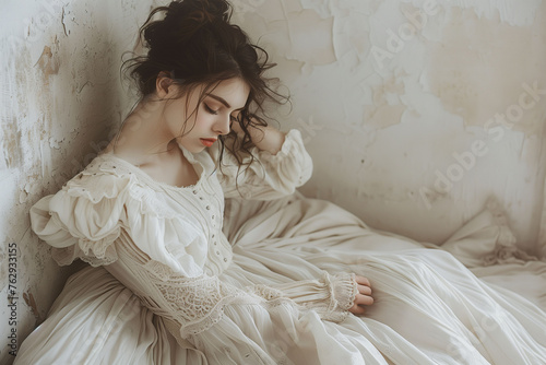 Title: Vintage Elegance: Young woman in a classic white dress reclining thoughtfully 