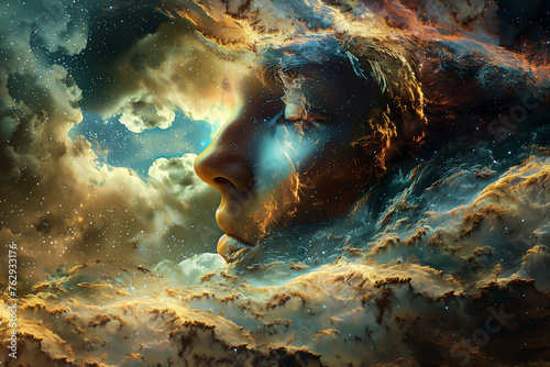Cosmic Beauty: Woman's face superimposed with a celestial nebula 