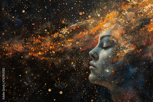 Title: Abstract Cosmic Essence: Artistic depiction of a woman's profile blending with the universe 