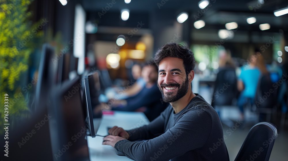Joyful Programmer with Beard in a Modern Office. Joyful Programmer with Beard in a Modern Office.