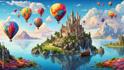 A castle on an island with hot air balloons. photo