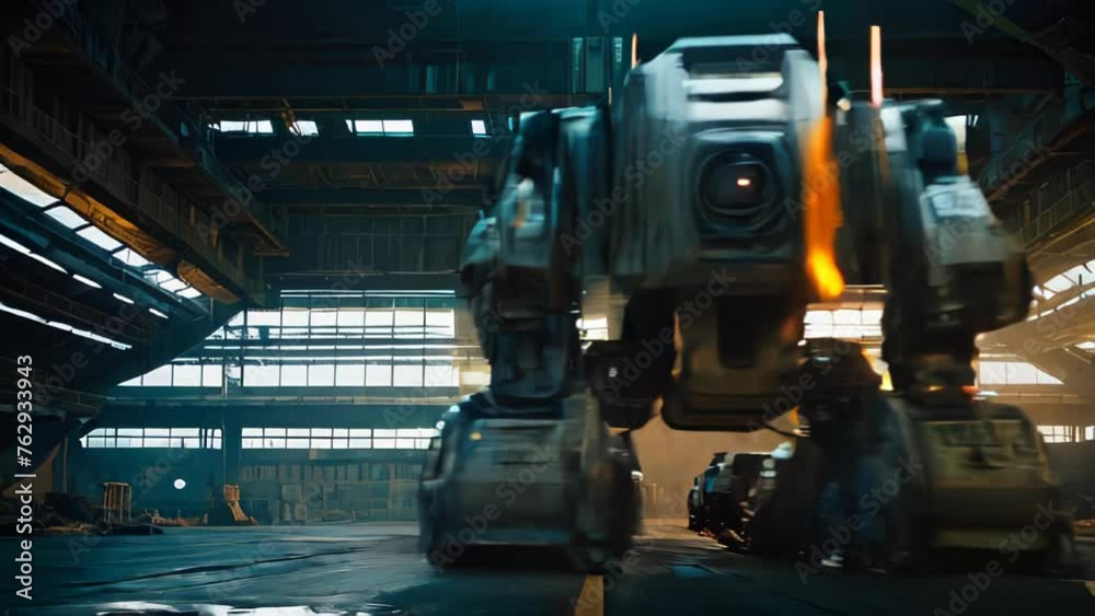 A gigantic metal robot arm in action within a factory setting.
A gigantic metal robot arm in action within a factory setting.