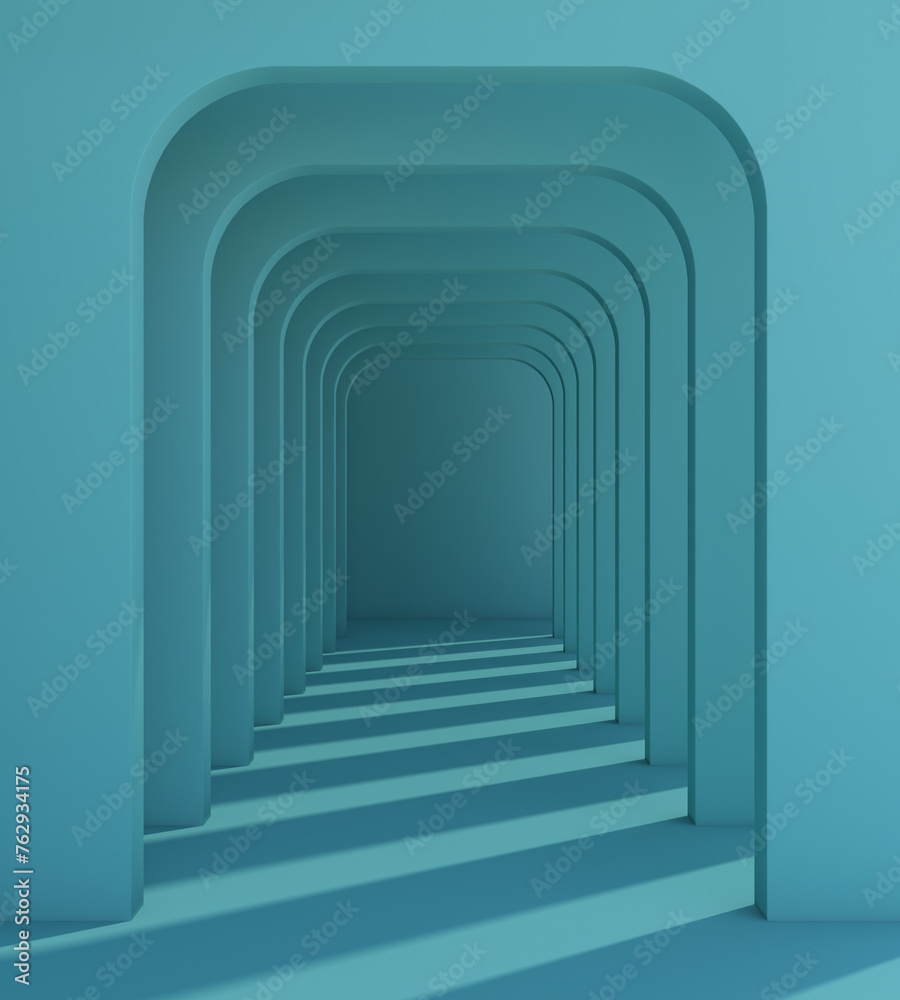 Fototapeta premium Abstract Architecture interior design. 3d rendering of blue corridor Building. Modern Geometric Wallpaper. walking way with blue background, light and shadow of building