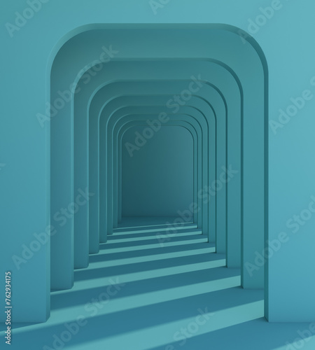 Fototapeta Naklejka Na Ścianę i Meble -  Abstract Architecture interior design. 3d rendering of blue corridor Building. Modern Geometric Wallpaper. walking way with blue background, light and shadow of building